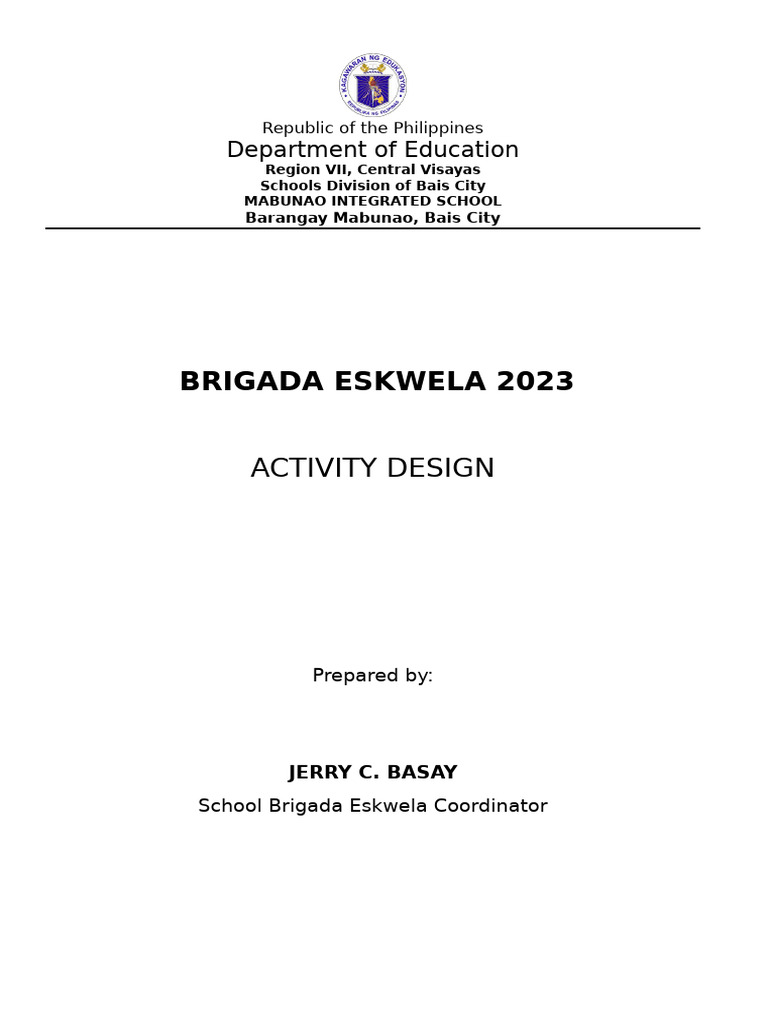 Activity Design Brigada Eskwela SY2023 2024 | PDF