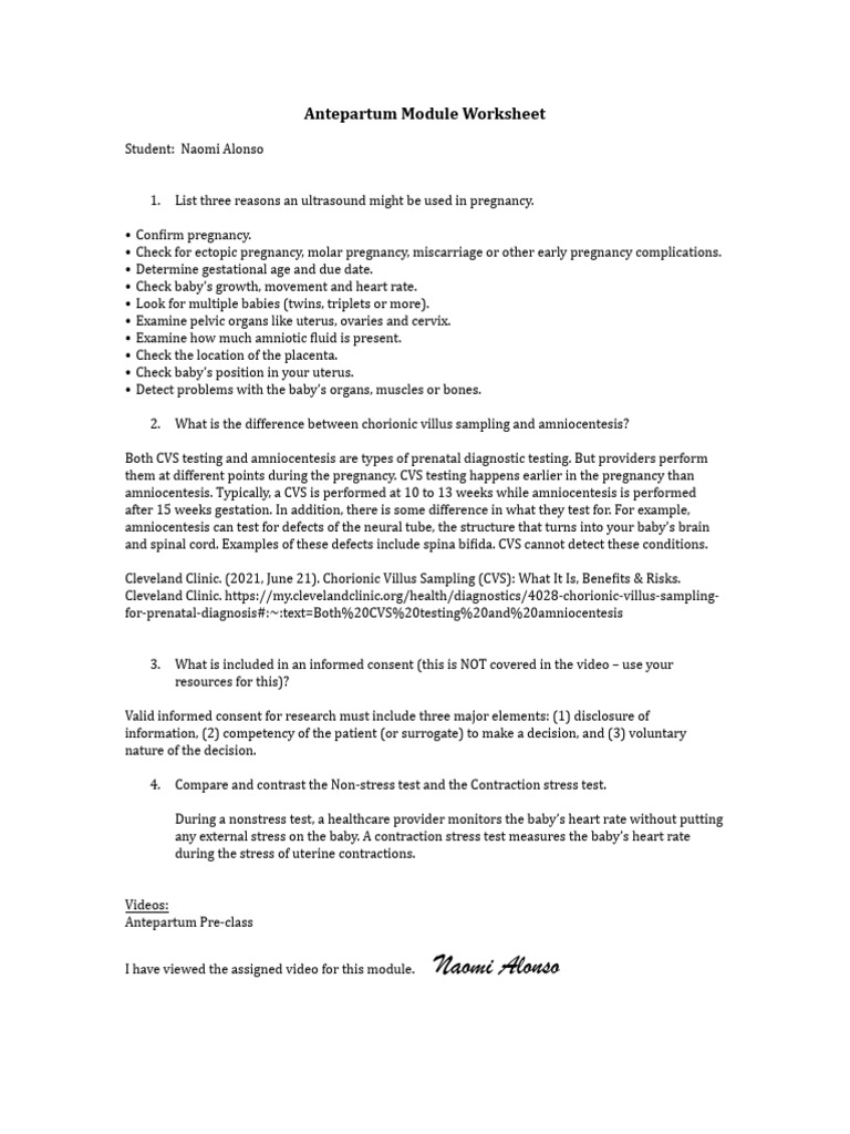 Antepartum Module Worksheet PDF