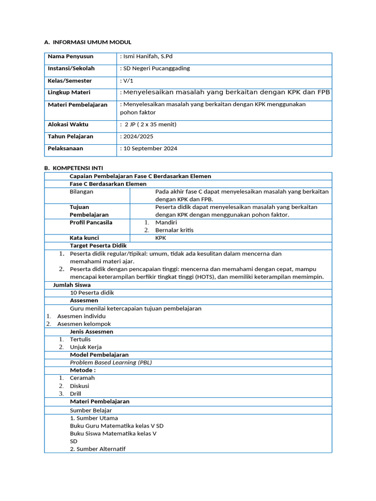 Modul Ajar MTK Kelas 5 KPK | PDF
