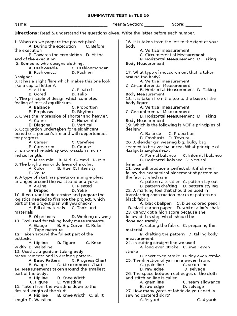 TLE 10 Summative Test Guide | PDF | Seam (Sewing) | Sewing