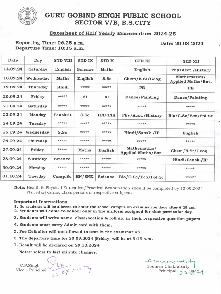 Half Yearly Exam Datesheet - 2024 (Senior Wing) | PDF