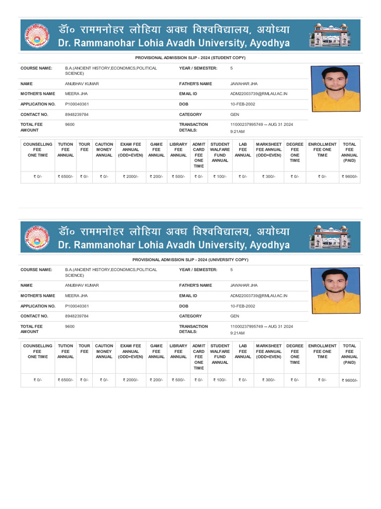 ANUBHAV KUMAR - Admission - Slip - 9 - 21 - 2024 | PDF