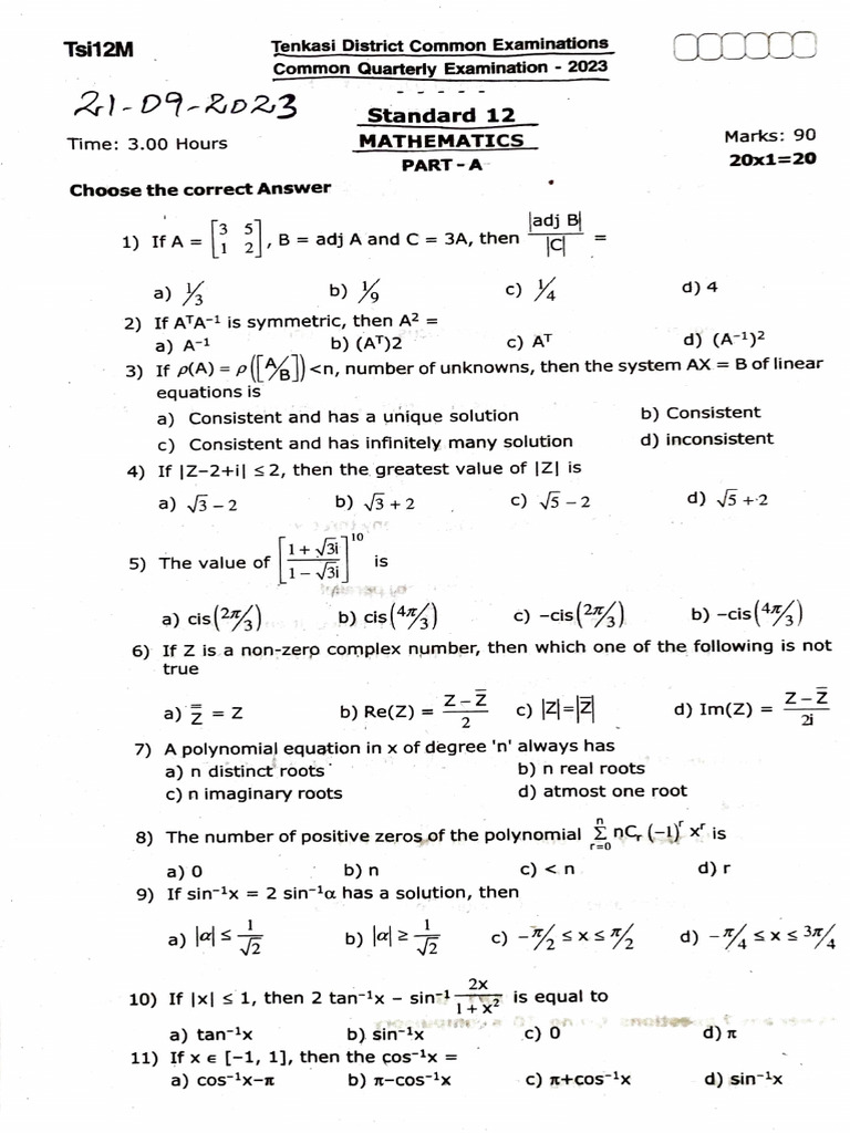 12th Maths EM Quarterly Exam 2023 Original Question Paper Thenkasi ...