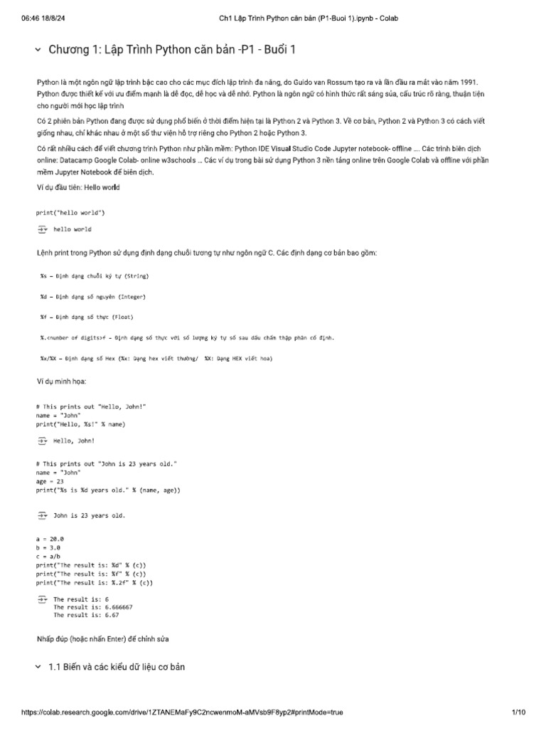 CH1 Lập Trình Python căn bản (P1-B1) | PDF