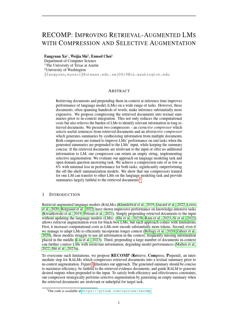 Recomp: I R - A LM C S A: Mproving Etrieval Ugmented S With Ompression ...