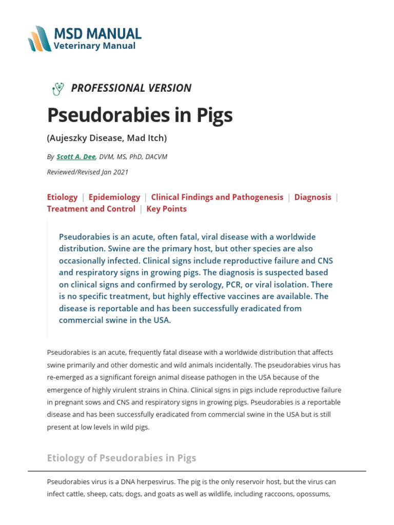 Pseudorabies in Pigs - Nervous System - MSD Veterinary Manual | PDF
