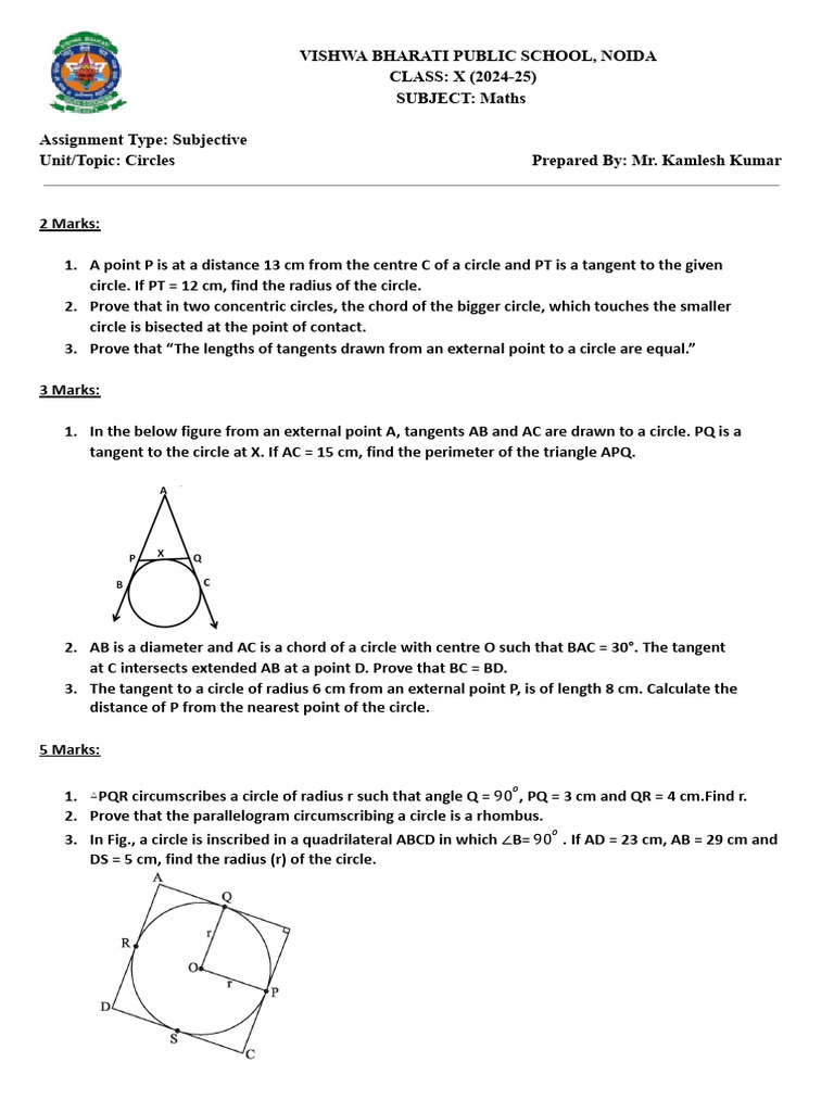 Subjective questions of circles class 10 2025 exam pdf