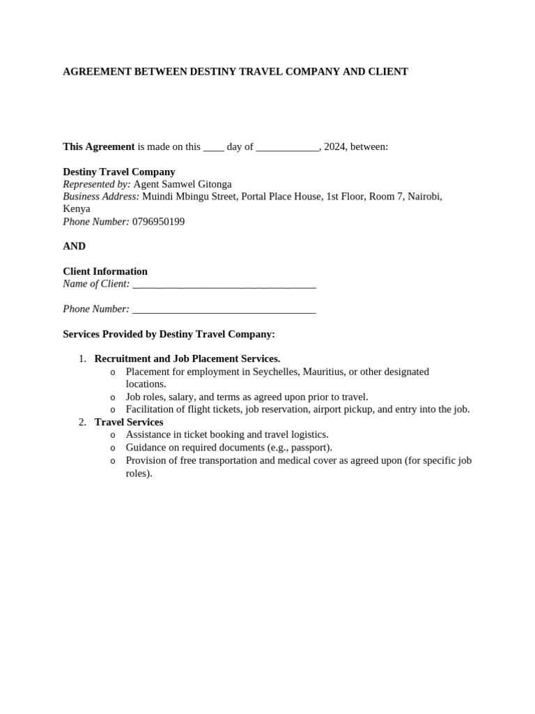Agreement Between Destiny Travel Company and Client | PDF | Employment ...