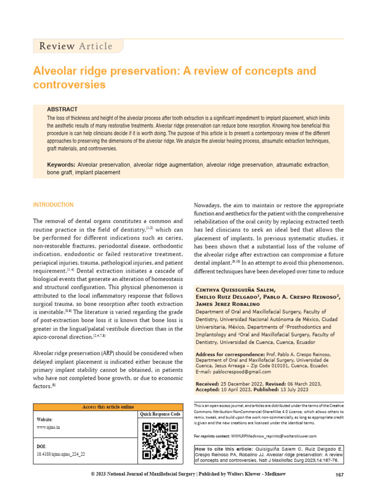 Alveolar Ridge Preservation - A Review of Concepts and Controversies | PDF