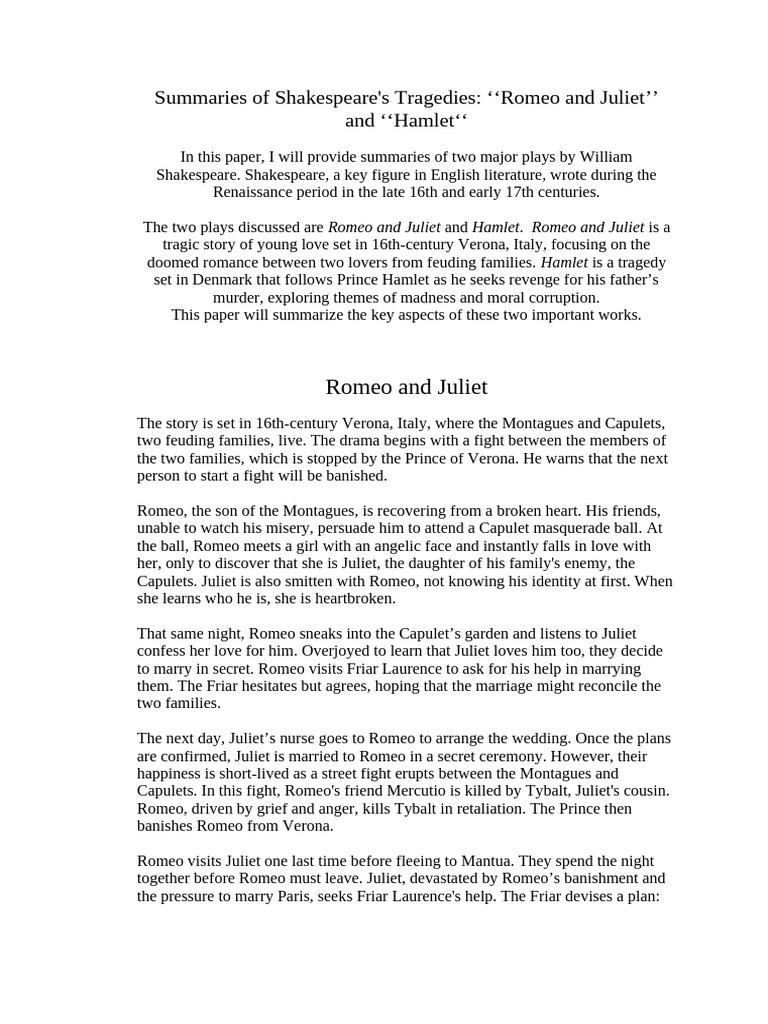 Summaries of Shakespeare - An Old Assignment | PDF