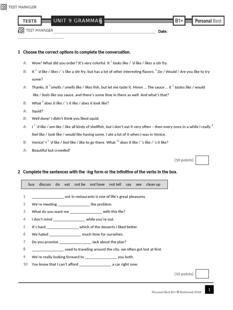 Personal Best B1+ Unit 9 Grammar Test | PDF