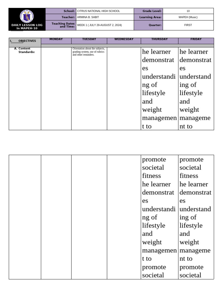 MAPEH 10 Daily Lesson Plan Overview | PDF | Learning | Wellness