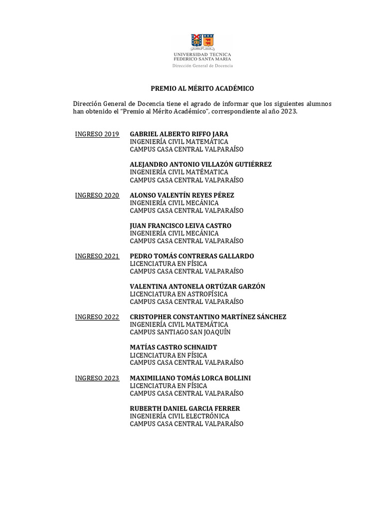 Premio Merito Academico 2023 Campus Usm | PDF
