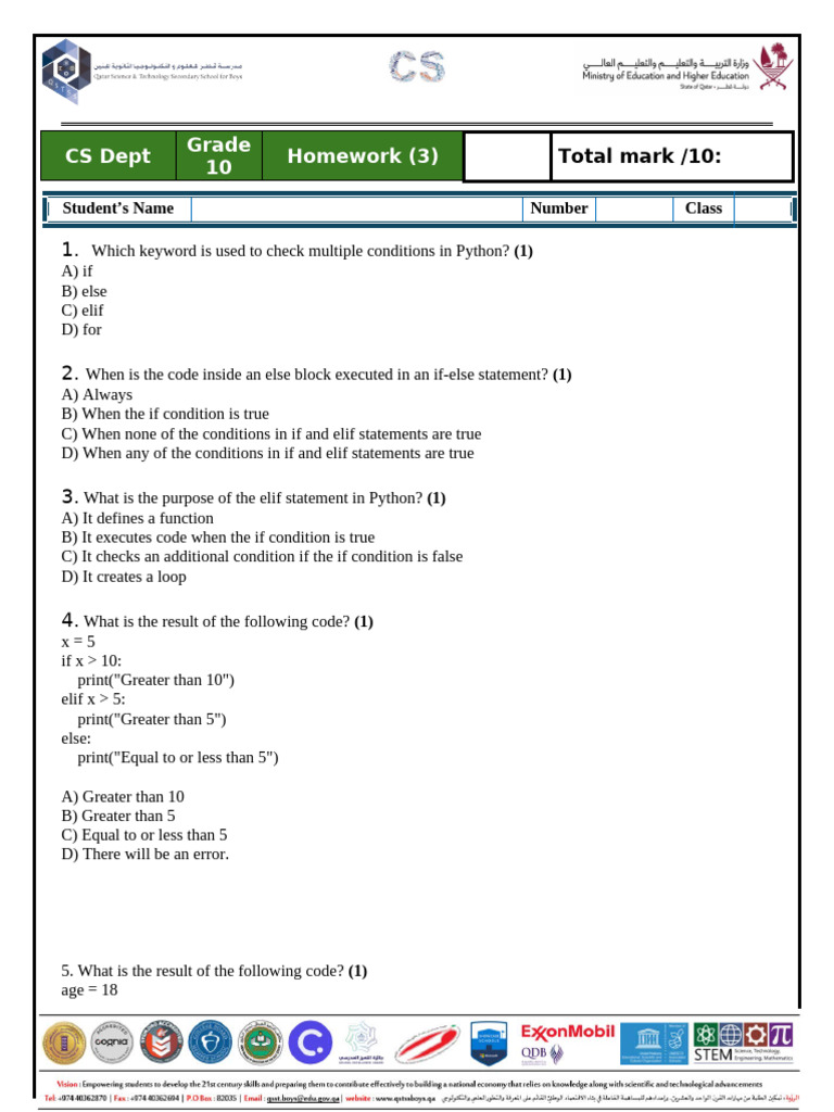CS Dept Grade 10 Homework (3) : Class Number Student's Name | PDF