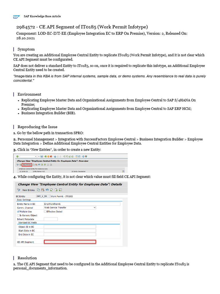 CE API Segment of IT0185 (Work Permit Infotype) : Symptom | PDF