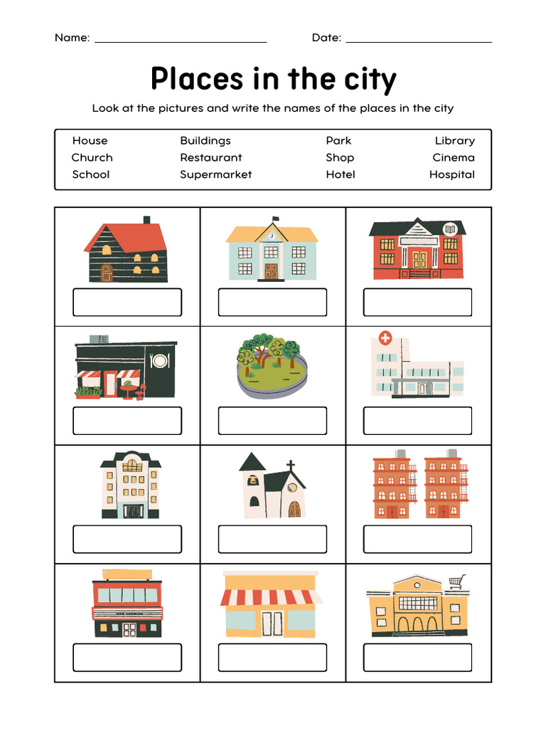 White Colorful Places in The City Vocabulary Worksheet | PDF