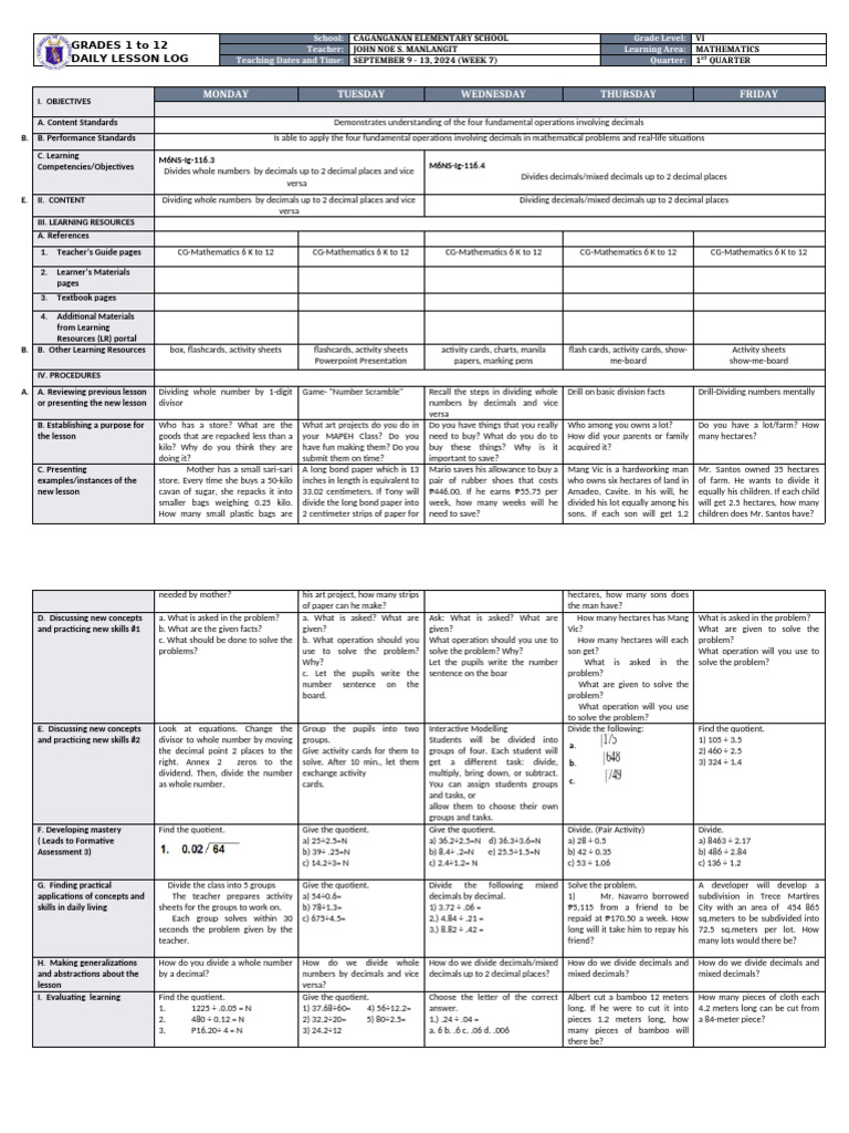Math 6 Week 7 Lesson Plan | PDF | Division (Mathematics) | Arithmetic