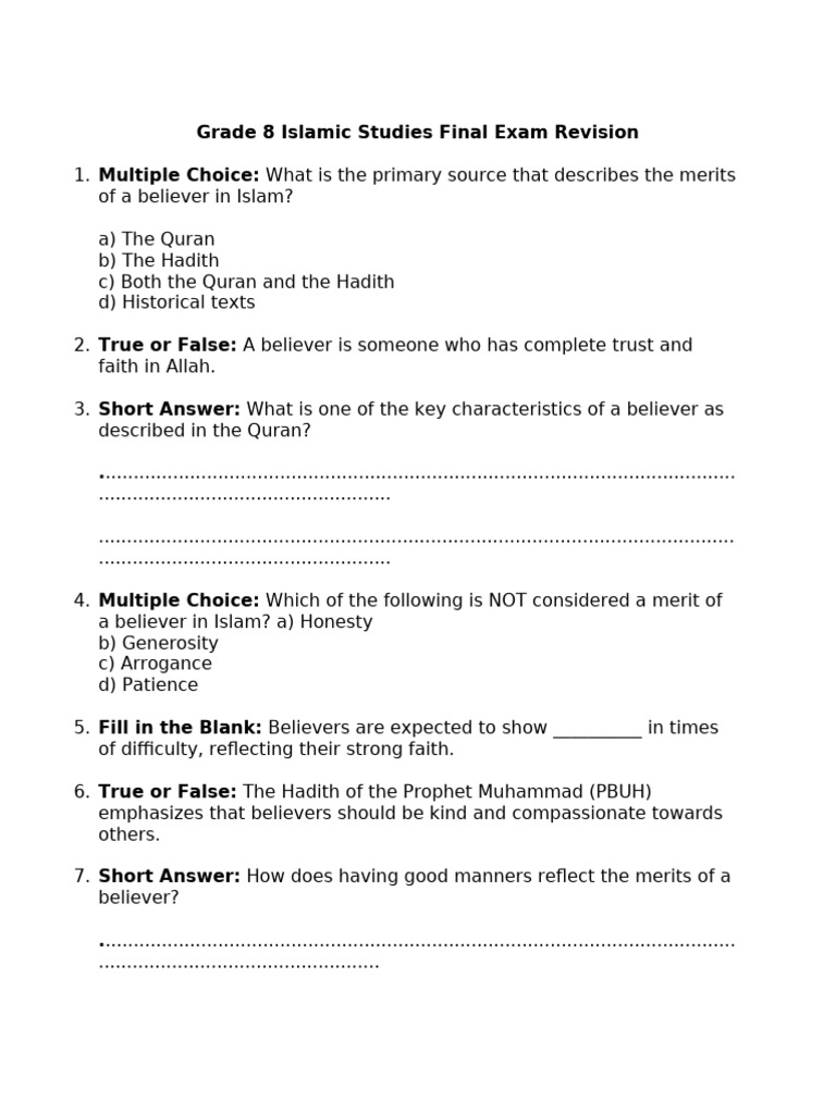 Grade 8 Islamic Education Revision Sheets | PDF