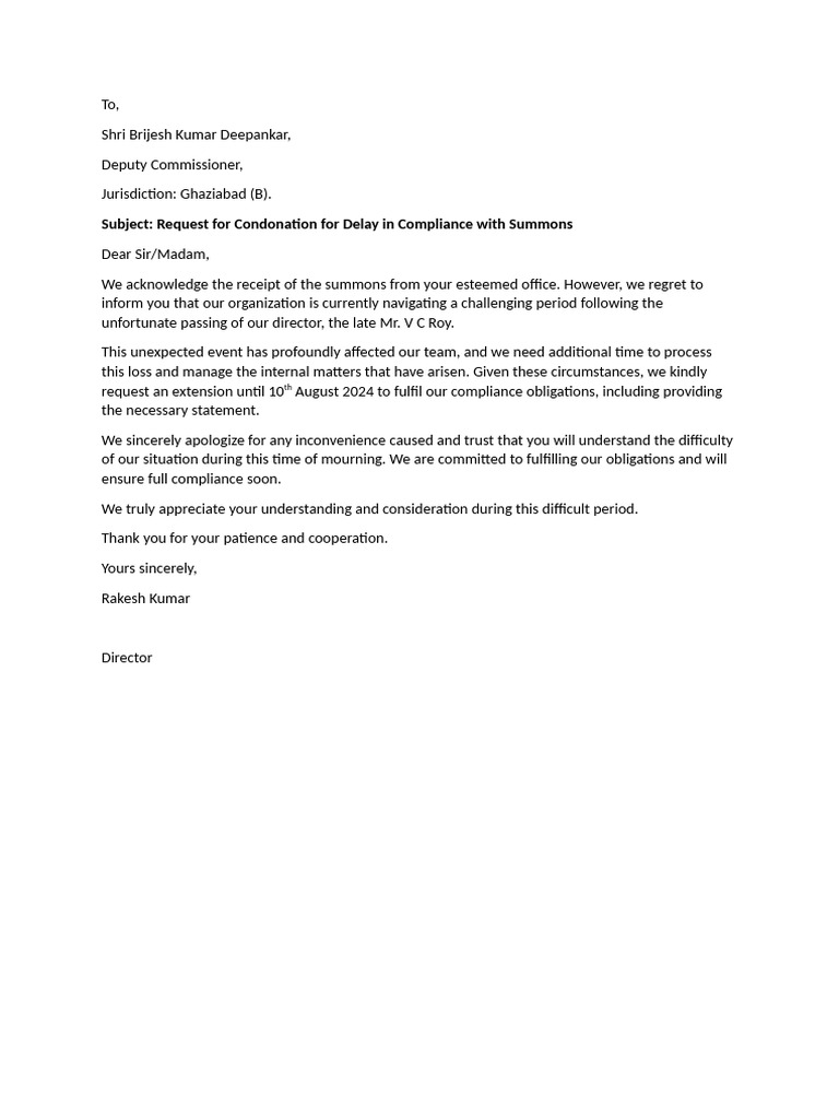 Condonation Request for Compliance Delay | PDF