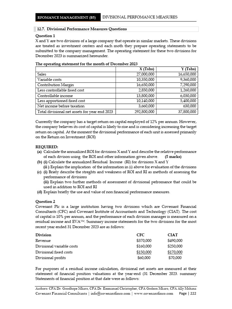 Divisional Perfomance Measures (New) | PDF | Return On Investment ...