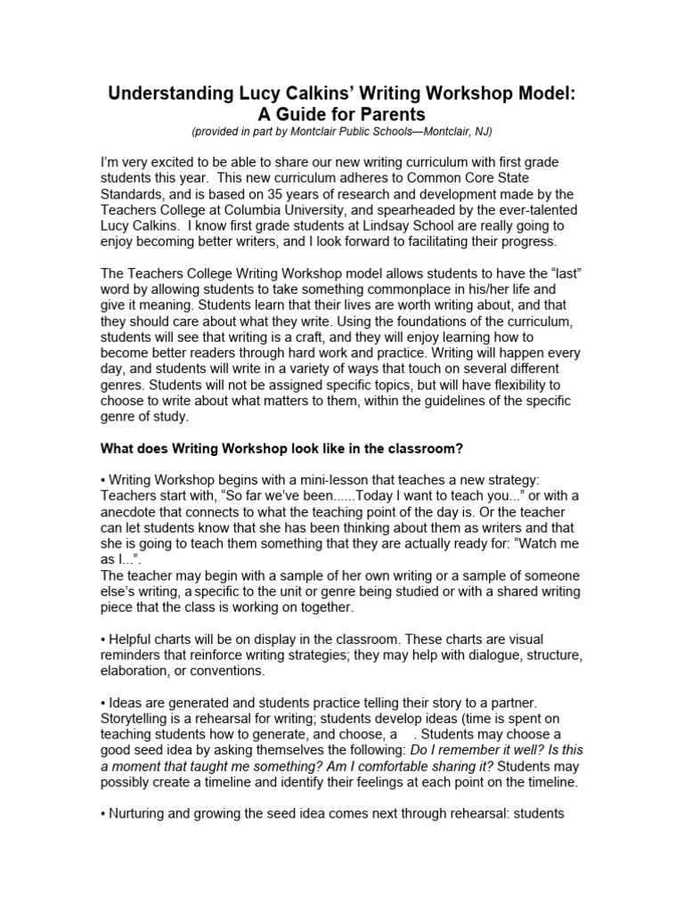 A parents guide to the lucy calkins writing workshop model pdf