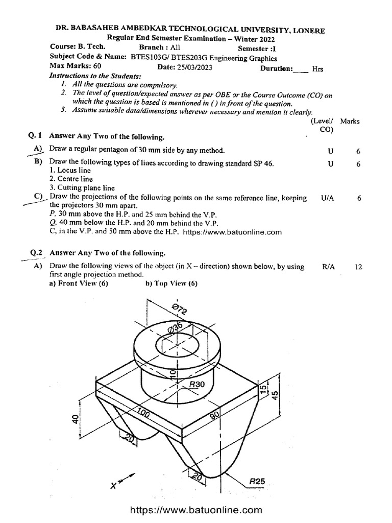 Btech 1 Year Engineering Graphics Btes103g Mar 2023 | PDF