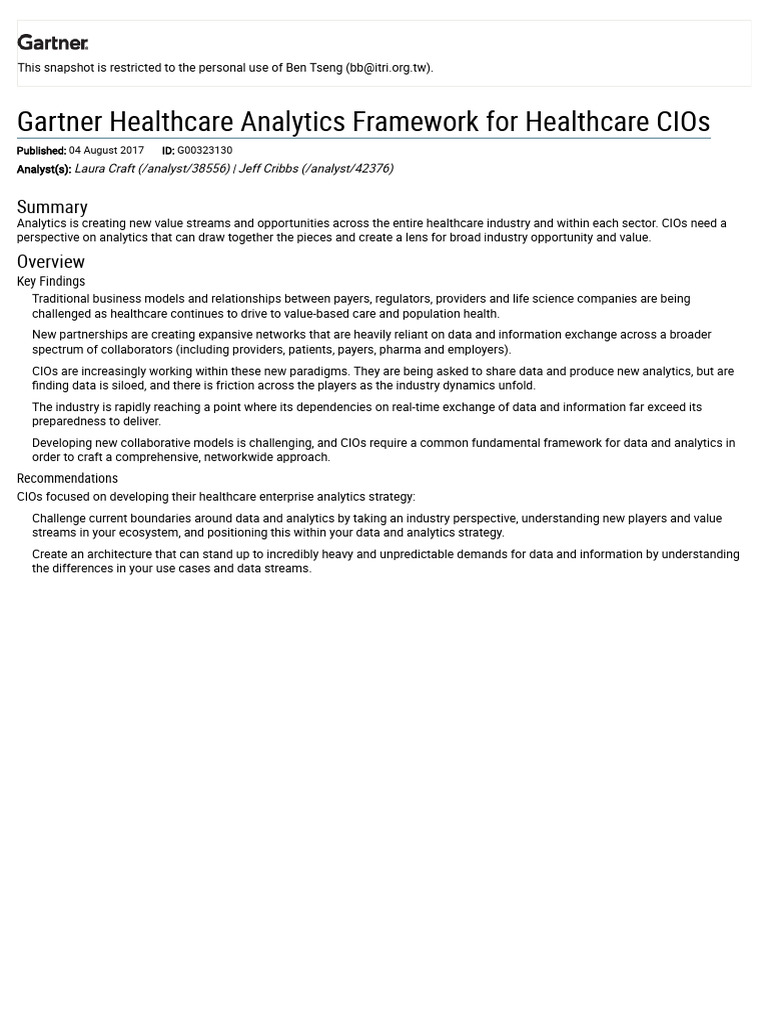 4.gartner Healthcare Analytics Framework For Healthcare CIOs PDF