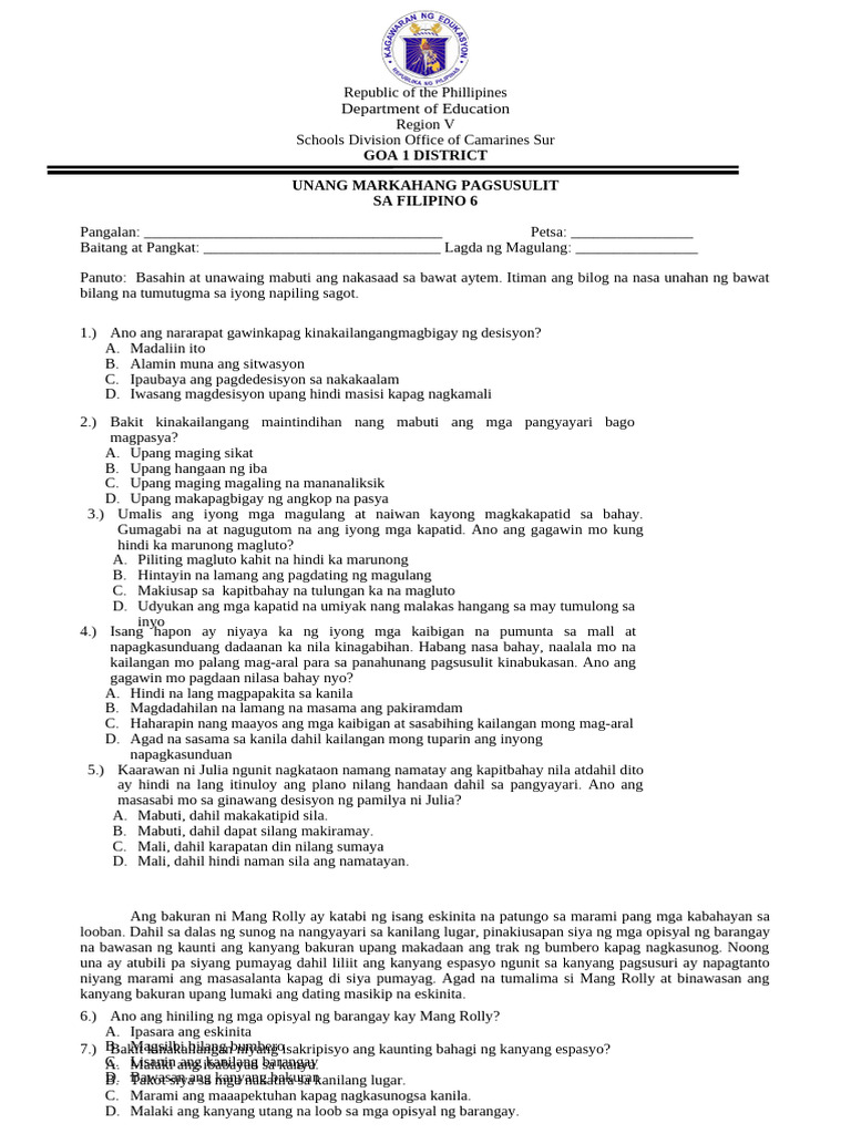 Esp 6 1st Periodical Test Pdf