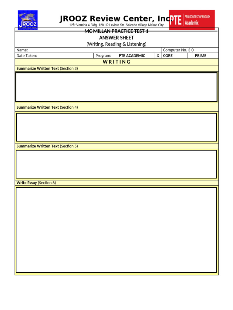 MC Millan PT1 Answer Sheet | PDF