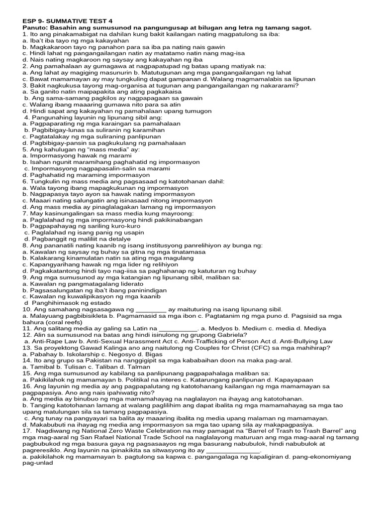 Esp 9 Summative Test 4 | PDF