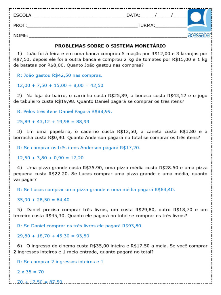 Atividade de Matematica Problemas Sistema Monetario 4 Ano e 5 Ano ...