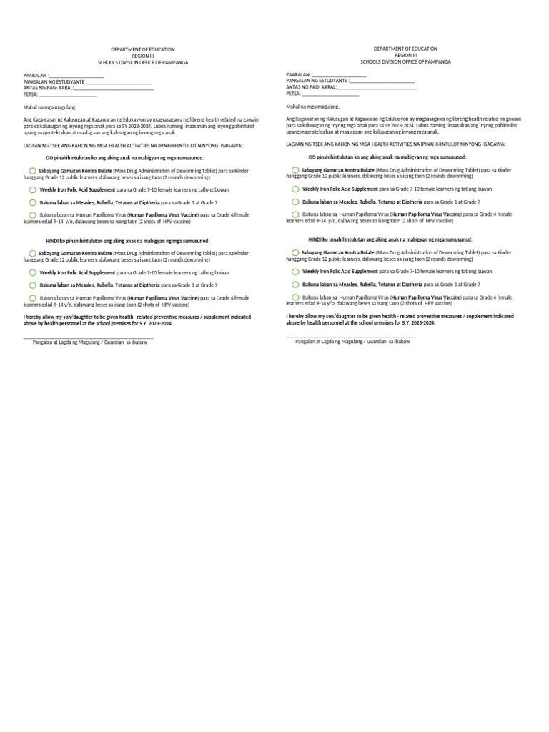SDOPAMP SBI Deworming and WIFA Consent Form | PDF
