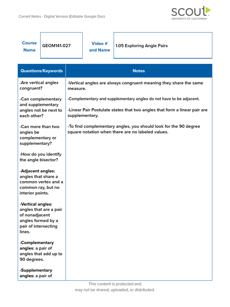 1.05 Exploring Angle Pairs (Notes) | PDF