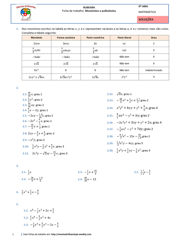 Álgebra Monómios e Polinómios Soluções | PDF