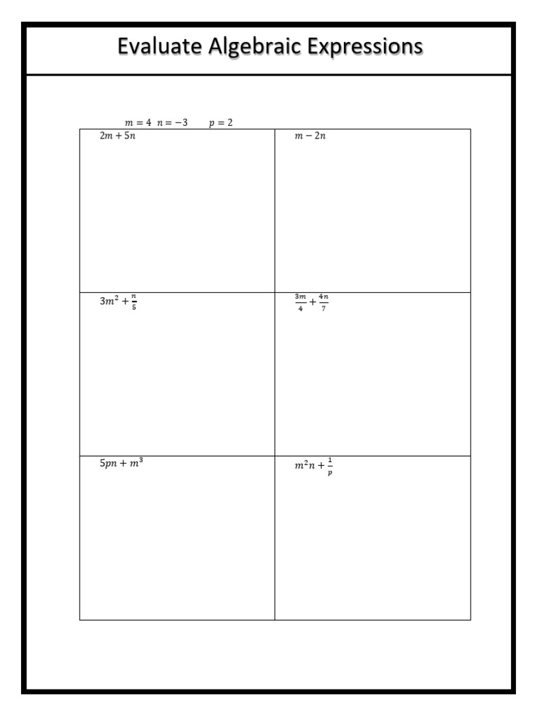 Template Evaluate Algebraic Expressions 1 | PDF
