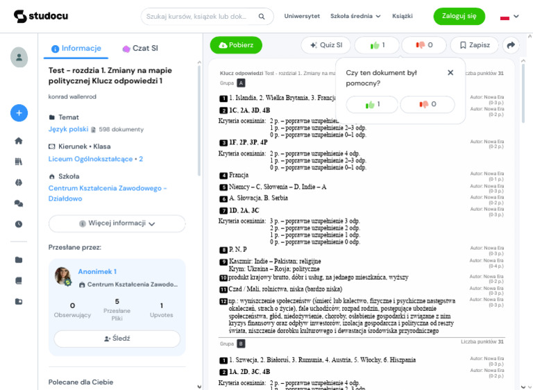 Rozdział 1 Test Człowiek Grupa B Test - Rozdzia 1. Zmiany Na Mapie Politycznej Klucz Odpowiedzi 1