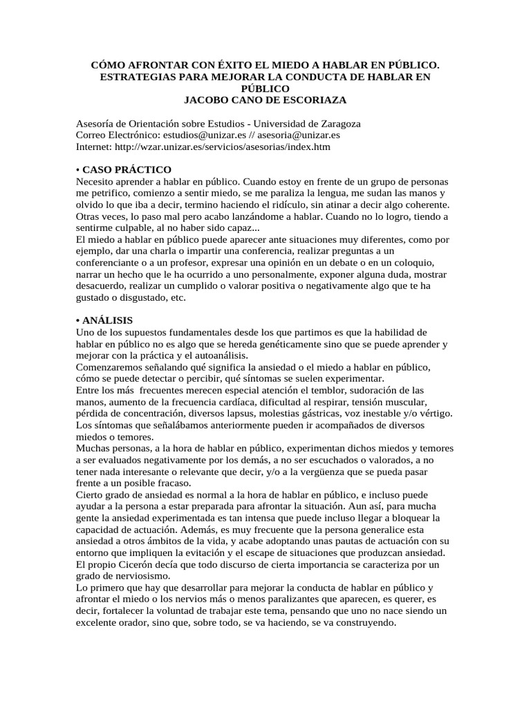 Cómo Afrontar Con Éxito El Miedo A Hablar en Público. | PDF