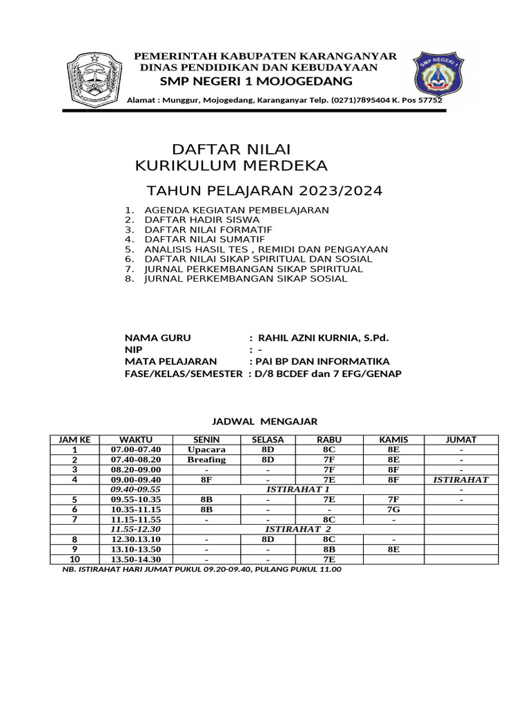 Rencana Pembelajaran SMP Negeri 1 2023 | PDF