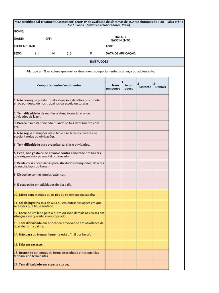 ESCALA MTA SNAP-IV Questionário e Cálculos | PDF