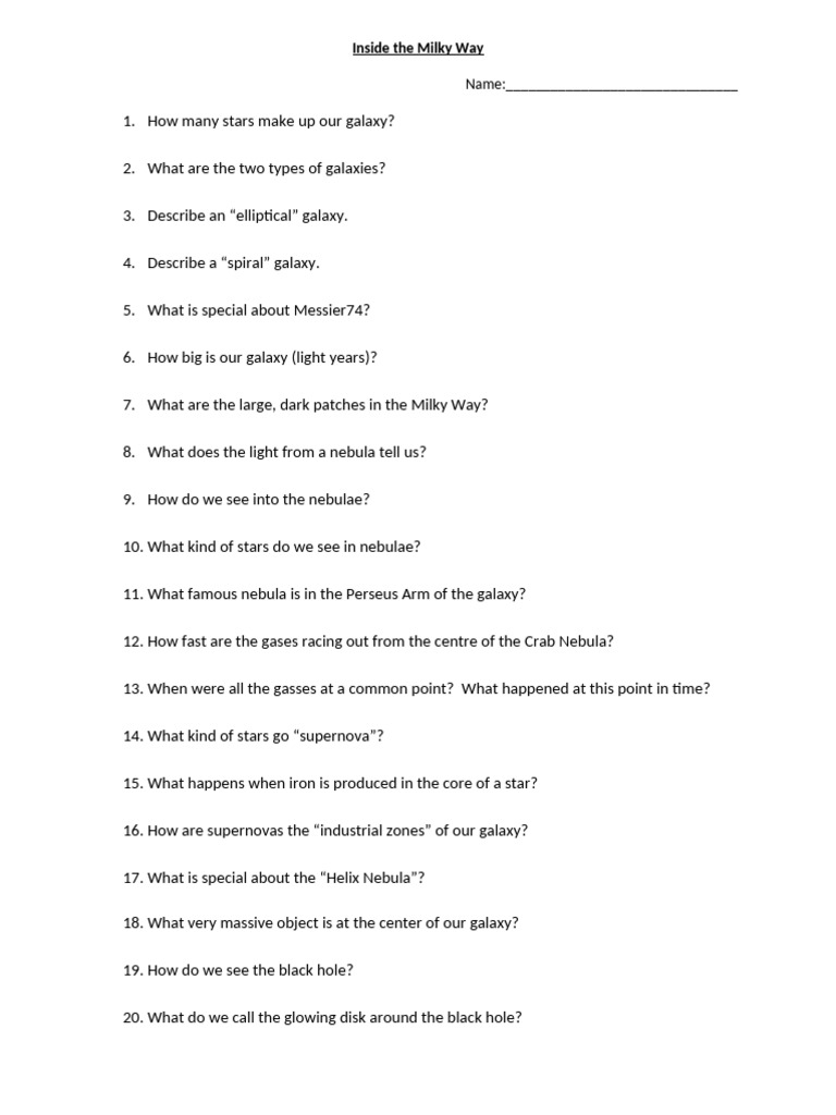 Inside The Milky Way Documentary Worksheet PDF Inside The Milky Way Documentary Worksheet PDF