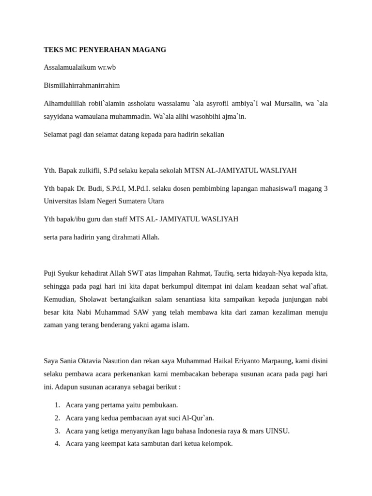 Teks MC Penyerahan Magang 2 | PDF