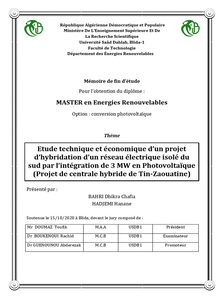 2020 USDB Etude Technico-Économique Projet Hybridation TINZAOUATINE | PDF