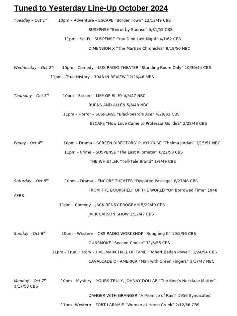 Tuned To Yesterday Schedule October 2024 | PDF | Cbs | Classics
