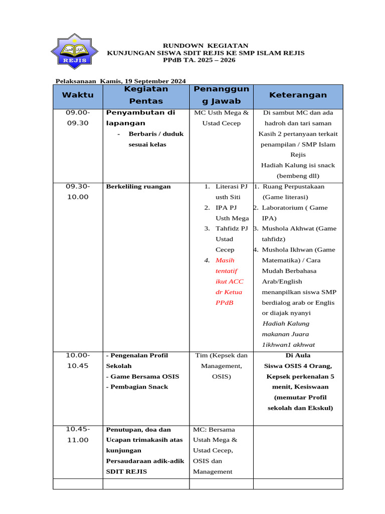Rundown Kegiatan Kunjungan Siswa SD To SMP REJIS | PDF