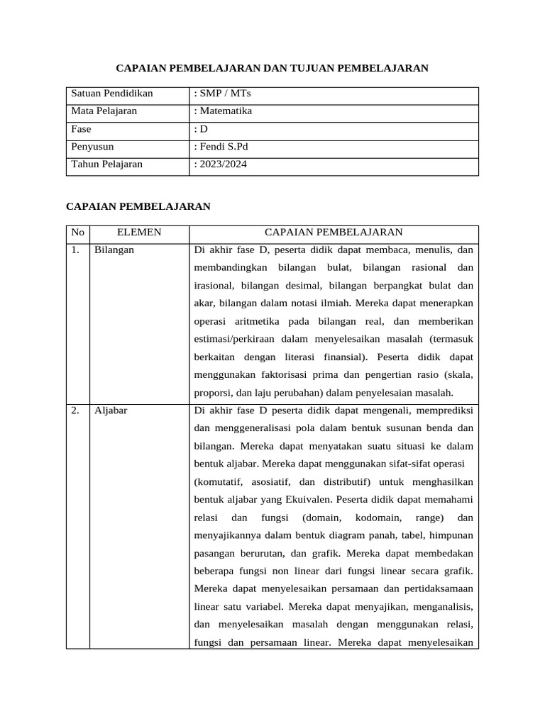 Capaian dan Tujuan Pembelajaran Matematika SMP | PDF | Metode & Bahan ...