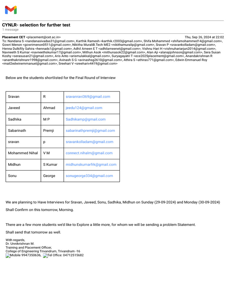 Gmail - CYNLR - Selection For Further Test | PDF