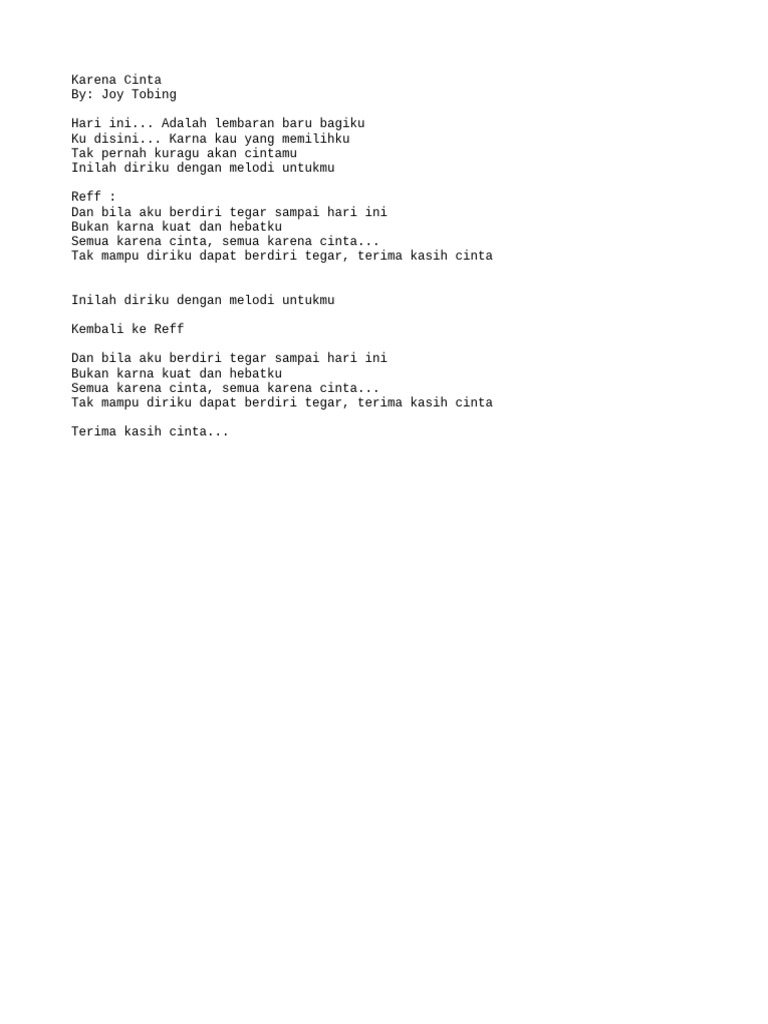 Lirik Karena Cinta by Joy Yobing PDF