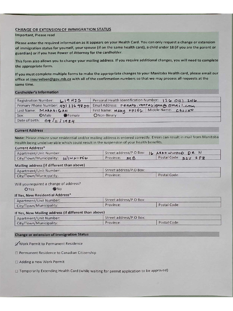 Mary - Change of Immigraton Status Form | PDF
