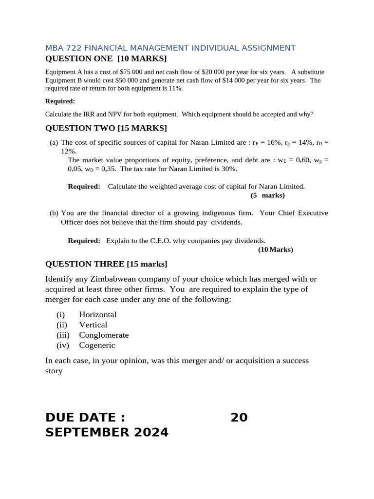 MBA 722 Financial Management Assignment | PDF | Business