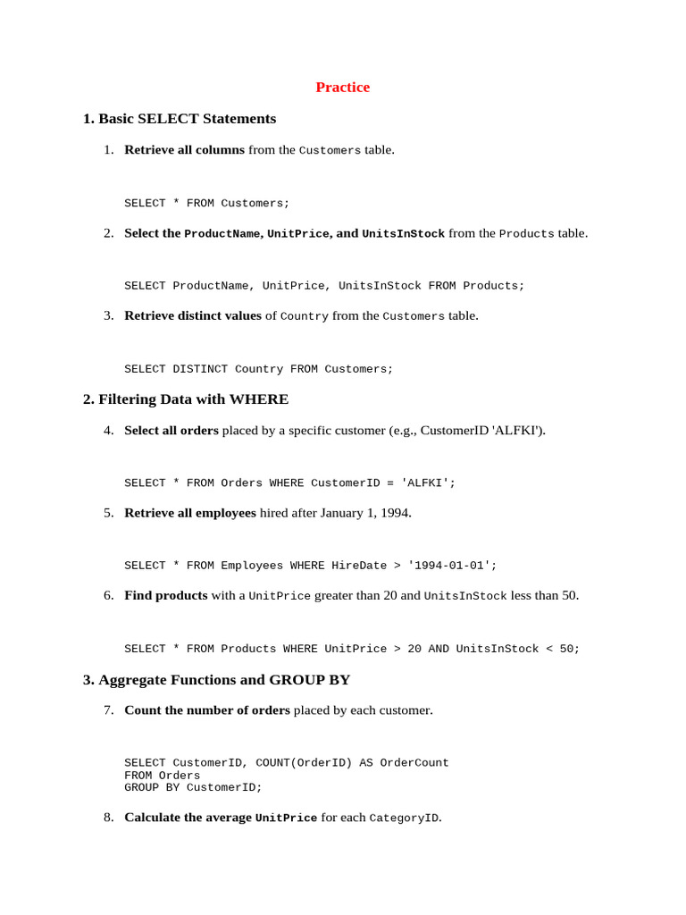 SQL Practice Exercise | PDF